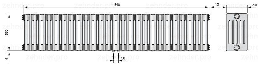 Схема (чертеж) Радиатор Zehnder Charleston 6055/40 №3470 Белый глянцевый RAL 9016